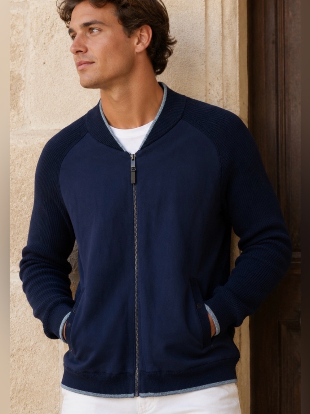 Ted Baker London Men's Smuglyf Knit Bomber Full Zip Sweater Navy